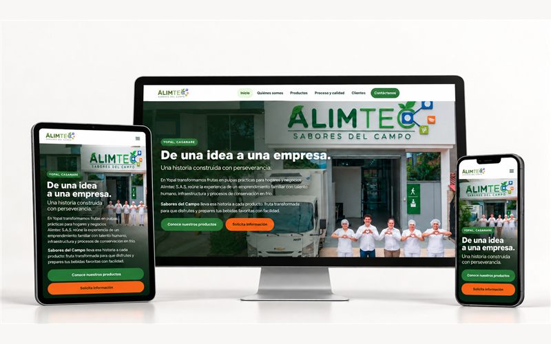 Sitio web de Alimtec mostrado en computador, tableta y celular
