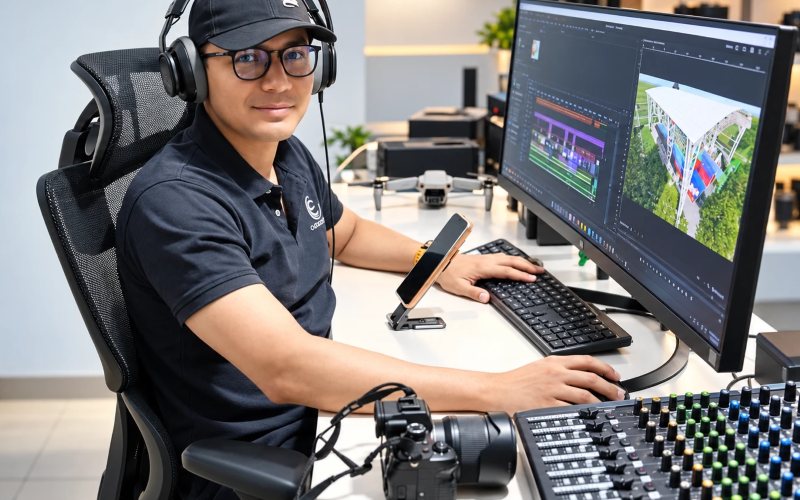 Editor audiovisual en su estación de trabajo con dron, cámara y mezclador de audio